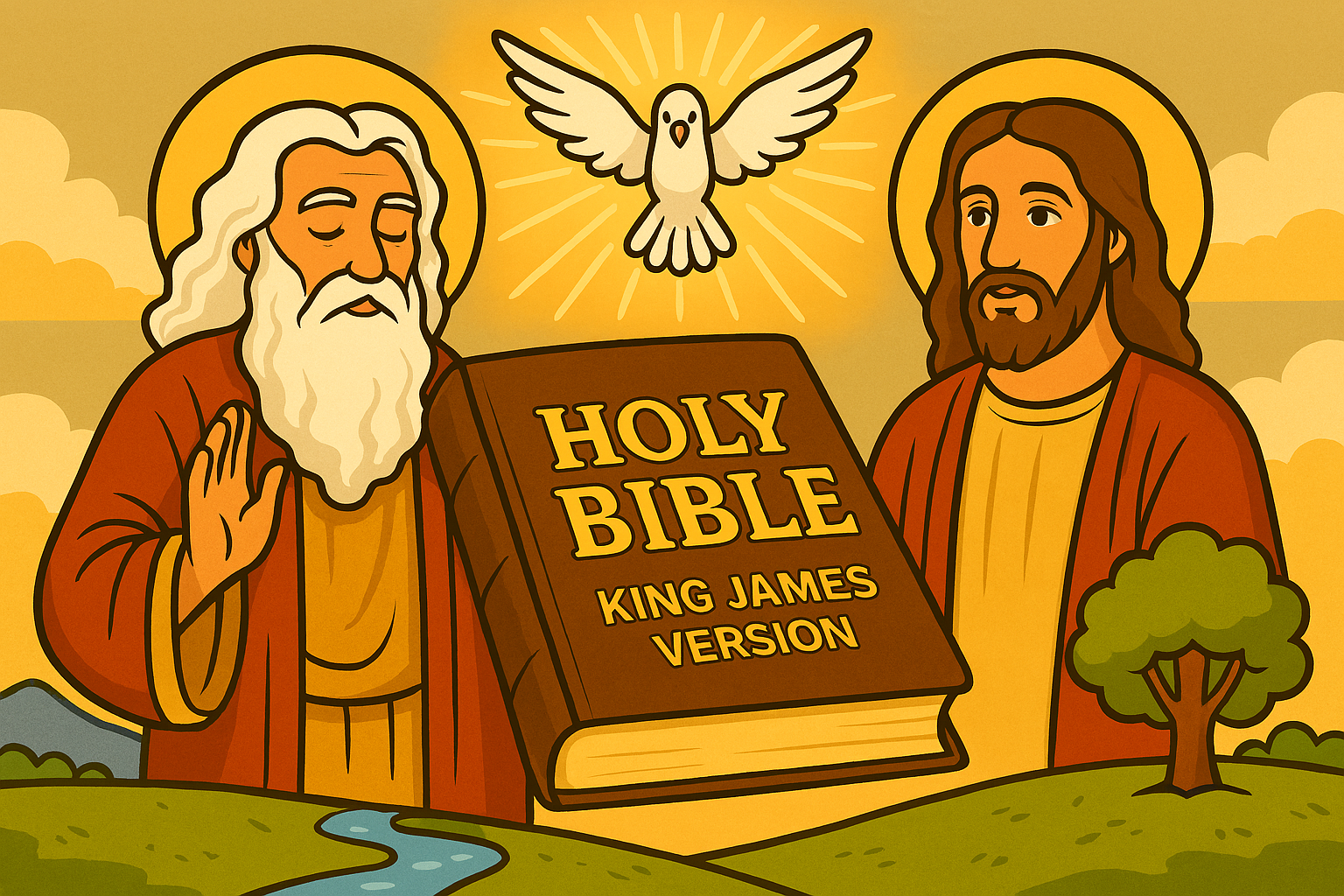 Depiction of the Holy Trinity - God the Father, the Son (Jesus Christ) and the Holy Ghost, together with a Holy Bible (King James Version)